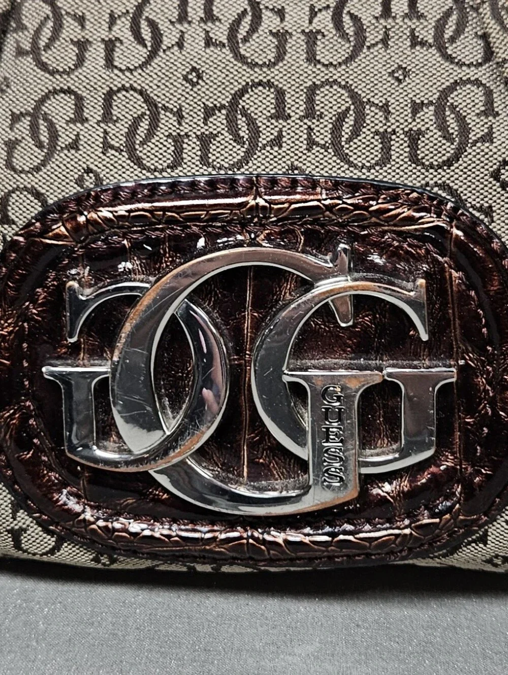 Guess Monogram Canvas Hobo Shoulder Bag Brown Metallic Trim Studded - Picture 9 of 14